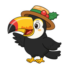 Fototapeta premium Toucan wearing a holiday hat and holding festive greenery.