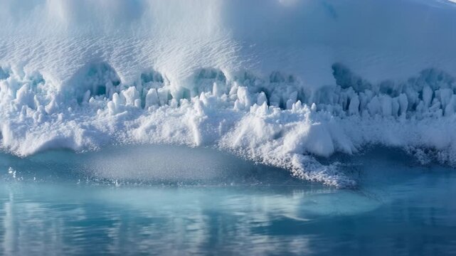 Close-up iceberg edge with melting pinnacles, textured ice walls, granular snow cornice, pale turquoise cavities, and reflective polar sea under cold daylight, with iceberg, ice, snow, frost detail