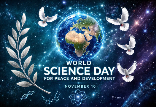 World science day for peace and development poster with globe doves and symbols celebration