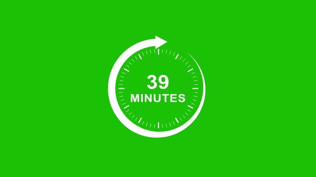 39 minutes timer animation with circular progress indicator on green screen for easy chroma key compositing and broadcast editing