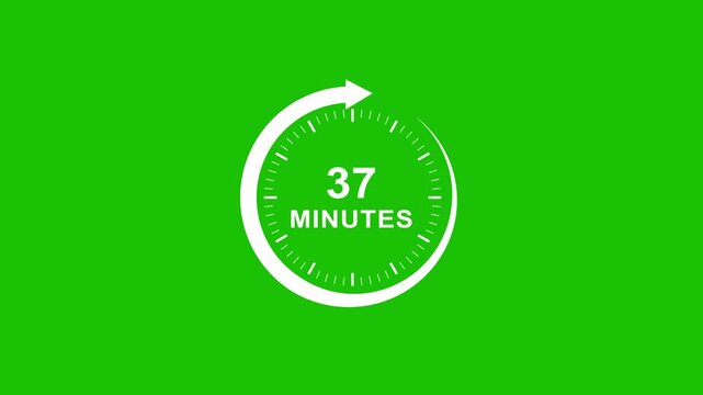 37 minutes timer countdown clock animation on green screen, minimalist circular progress indicator for presentations and editing