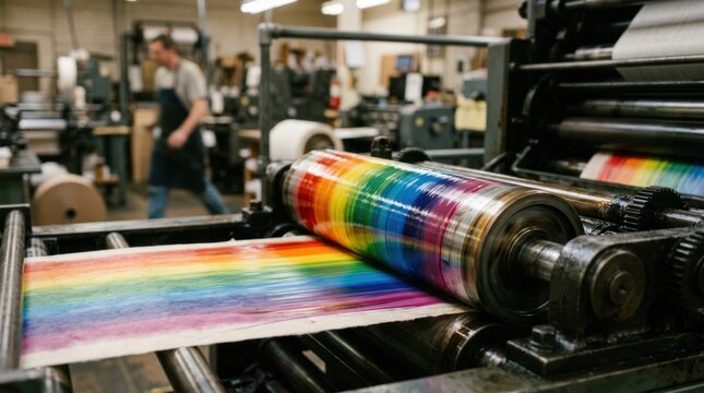 Printing Press Roller Applying Rainbow Colors to Paper in Industrial Setting.