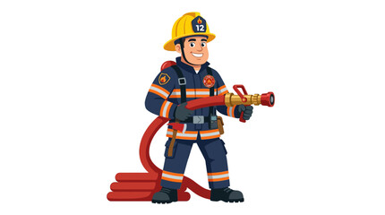 Obraz premium Cartoon firefighter holding hose in uniform ready for action