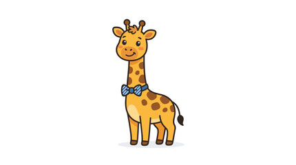 Obraz premium Cute cartoon giraffe wearing a blue bow tie on white background