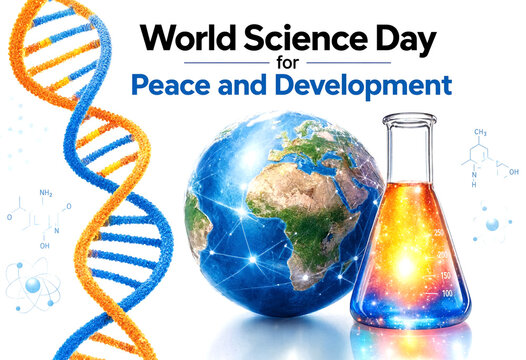 World science day for peace and development with globe dna and chemistry elements illustration