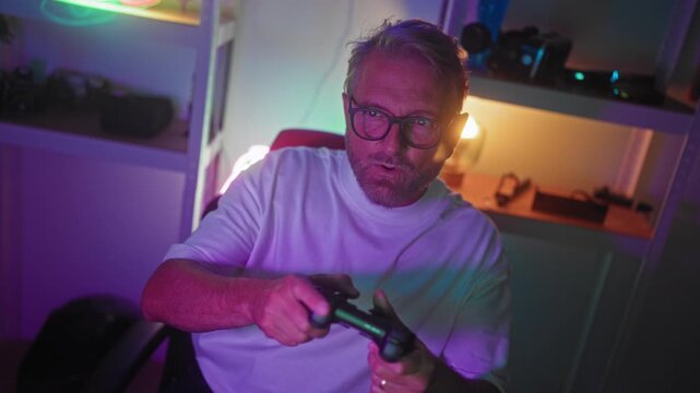Man gripping a game controller, hands on buttons and thumbs on joysticks, smiling while seated in a home studio with shelves and neon light; playful focus.