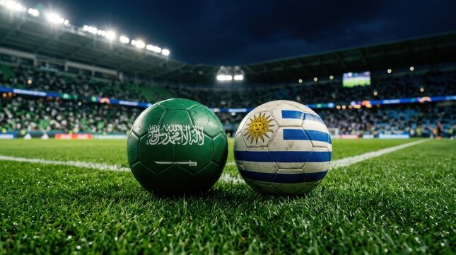 Saudi Arabia and Uruguay National Football Team Soccer Balls on Stadium Field.