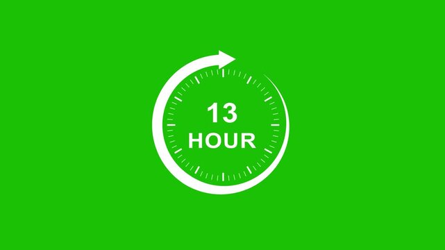 13 hour countdown timer clock animation with green screen background, for easy chroma, key editing and production