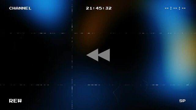 Retro old VHS rewind effect with colorful light leaks and analog defects featuring a digital timecode and rewind symbol on a dark background with blue and orange light flares