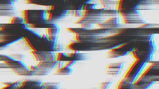 Abstract RGB split glitch background with chromatic aberration and scanline distortion flickering across white negative space. Looping digital noise texture suits Y2K poster design and 2000s rave.
