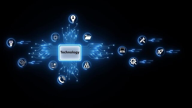 Abstract glowing neon text technology. password protection safety animated isolated on black background. neon line icon 4k animated. with icon illustration animated.