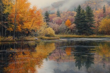 Obraz premium Autumn trees reflecting in calm lake water