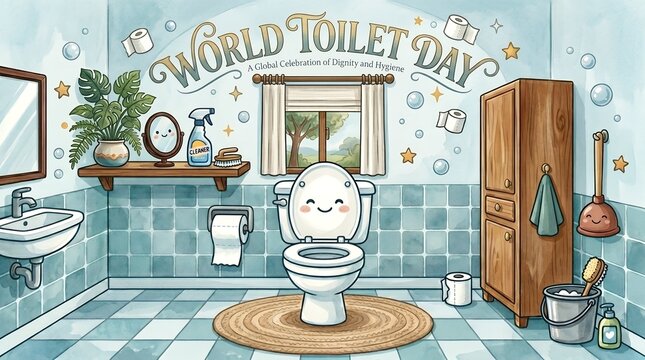 Whimsical Cute Toilet Character Celebrating World Toilet Day with Bathroom Elements