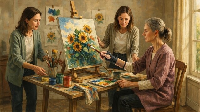 Three women painting sunflowers together in a sunlit studio