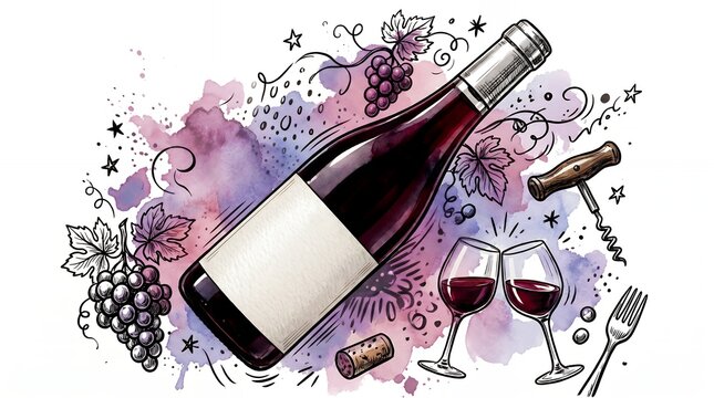 Handdrawn Splashy Watercolor Wine Bottle Celebration with Grapes and Corkscrew Illustration