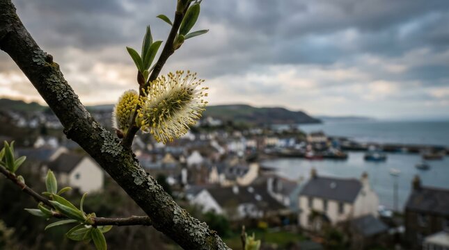 Spring Blossom on Branch Overlooking Coastal Town Harbor.