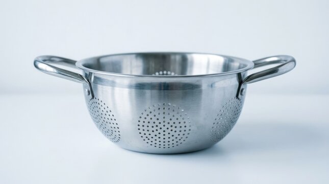 Stainless Steel Colander with Handles on White Background.