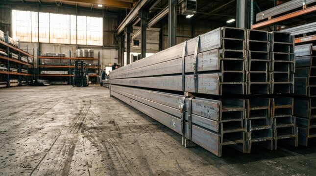 Steel I-beams stacked neatly in a warehouse industrial setting.