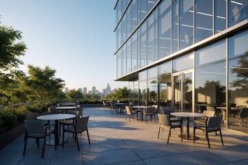 Obraz premium Modern office building with large glass facade exterior, outdoor terrace seating area. Tables, chairs sit on stone floor for business lunch break. Urban skyline background with clear blue sky at