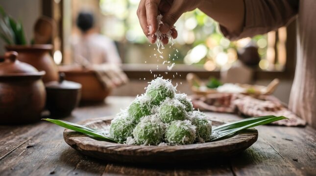 Traditional Indonesian Klepon Sweet Rice Balls Sprinkled with Coconut.