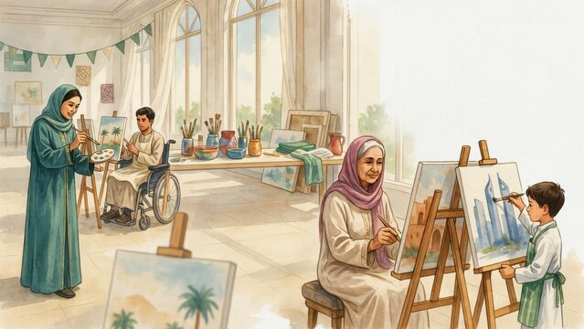 Diverse group engaging in painting activities in bright studio