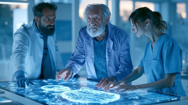 Diverse Team of Scientists and Medical Professionals Collaborating Around an Interactive Digital Table Display in a Modern Research Laboratory Setting