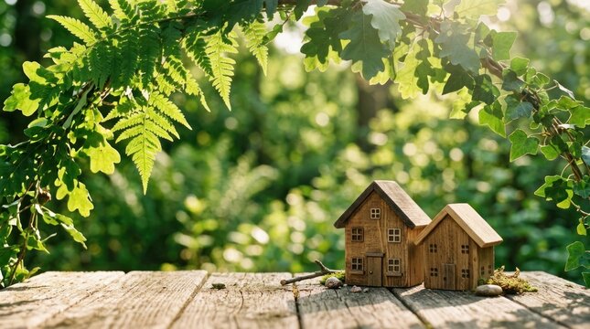 Two Miniature Wooden Houses Nestled Among Lush Greenery.