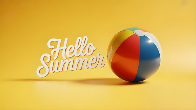 Colorful beach ball with hello summer text on a vibrant yellow background for summer bank holiday celebration