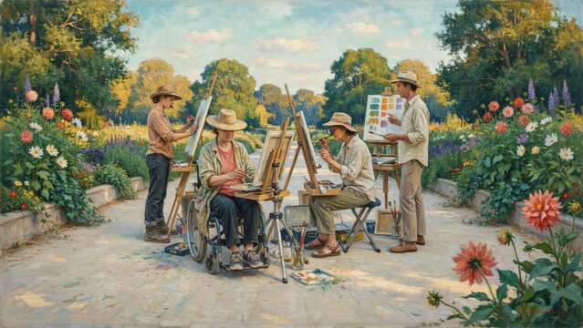 Artists painting together in a colorful garden setting