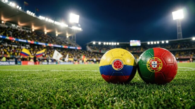 Two Soccer Balls Representing Colombia and Portugal on a Lush Green Field at Night.