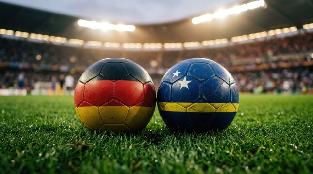 Two Soccer Balls Representing Germany and Curacao on a Football Field.