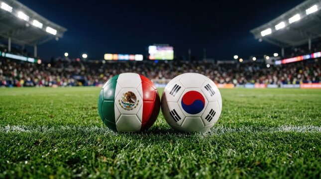 Two Soccer Balls Representing Mexico and South Korea on a Stadium Field.