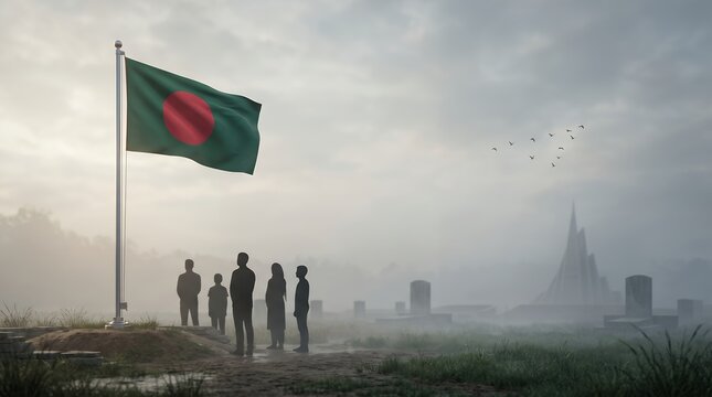 Silhouette Group of People Observing the National Flag of Bangladesh Fluttering Majestically Against a Misty Dawn Sky