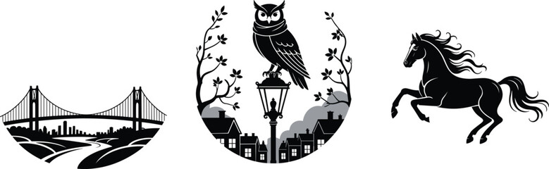 Fototapeta premium Black silhouette illustration of suspension bridge, owl on streetlamp, and rearing horse combining architecture, nature, and animals