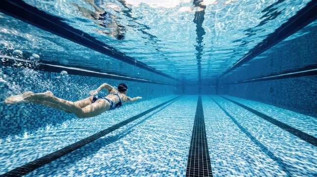 Underwater view of a woman swimming laps in a blue swimming pool.