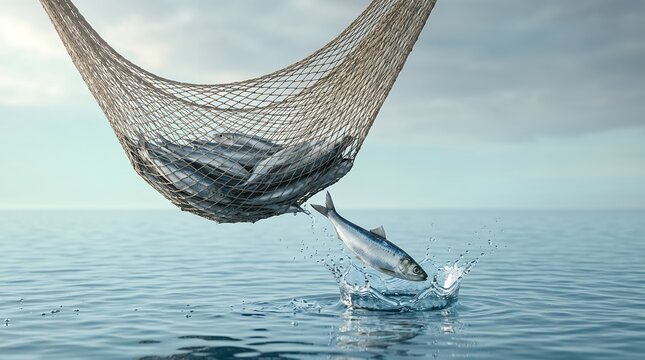 Realistic Detailed Seafood Catch Being Hauled from Deep Blue Ocean Water