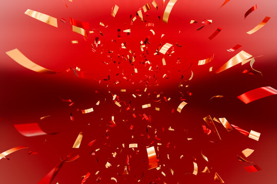 Festive red and gold confetti in motion. Abstract 3D background for Christmas, New Year, holiday events, seasonal sales, greeting cards and celebration banners. Place for text, product and copy space.