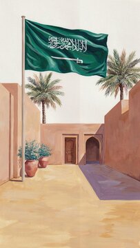 Saudi Arabian courtyard with the national flag and palm trees