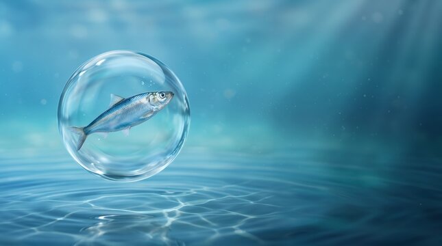 Surreal Underwater Scene With Silver Fish Trapped Inside A Transparent Bubble