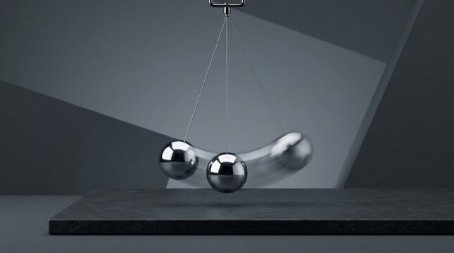 Motion blur of a polished chrome sphere swinging as a pendulum above a dark stone slab against a minimalist geometric gray background, representing physics and momentum.