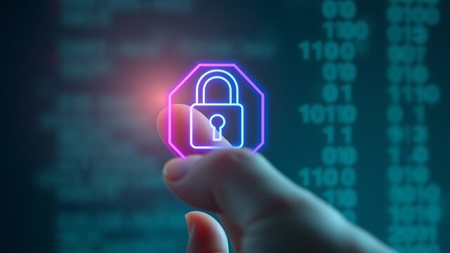 Finger touching glowing digital padlock against binary code image