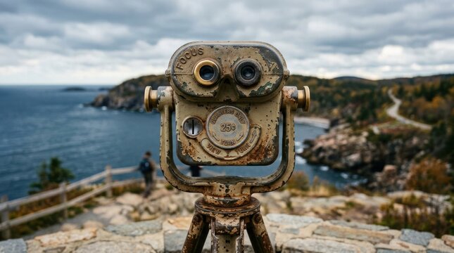 Vintage Binoculars Overlooking Scenic Coastal Landscape.