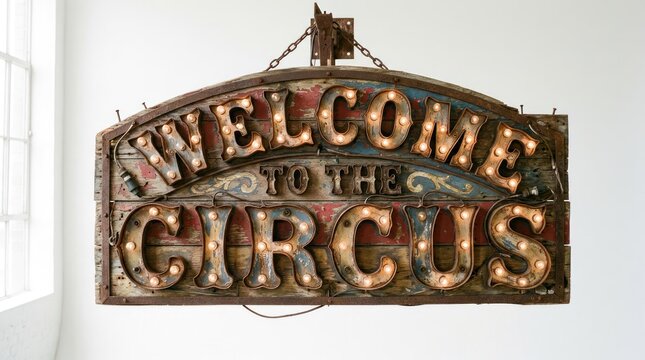 Vintage Illuminated Welcome to the Circus Sign with Marquee Lights.