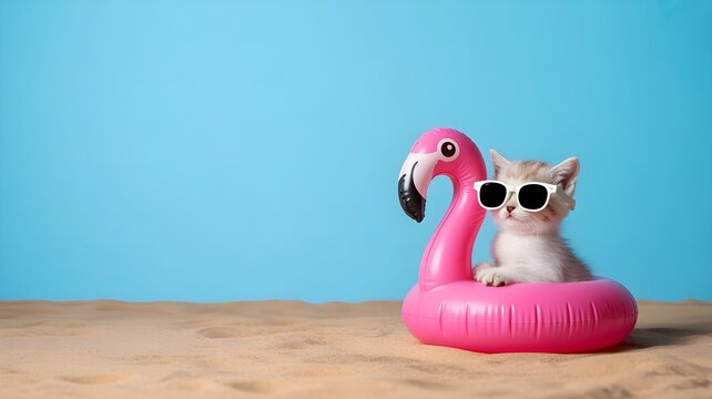 Cute kitten wearing sunglasses relaxing on a pink flamingo pool float for a fun summer bank holiday vacation