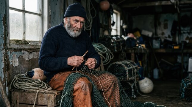 Weathered Fisherman Mending Nets in Rustic Workshop.