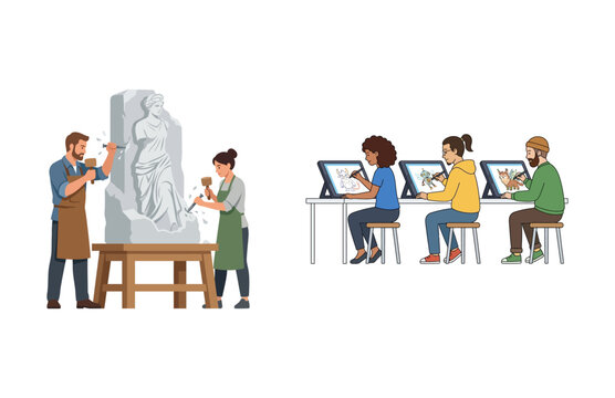 Artists at work, with sculptors carving a stone statue and illustrators drawing on tablets