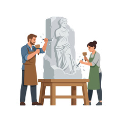 Fototapeta premium Male and female artists carving a classical statue from a stone block using hammer and chisel
