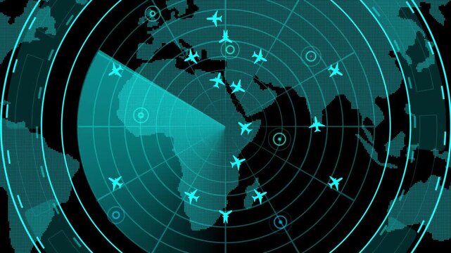 An air traffic control tower equipped with radar.High-tech radar scanner for flight coordinates between countries and continents. Map of International Air Travel between continents and countries.