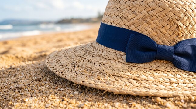 Straw sun hat with navy ribbon lying on sandy beach near ocean shoreline in bright summer vacation scene