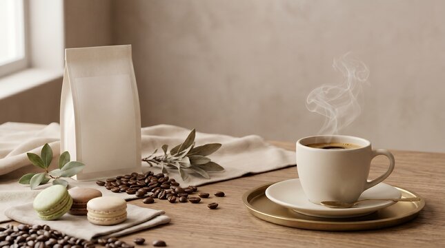 Minimalist Beverage Setup with Steaming Coffee Cup, Macarons, and Coffee Beans Arrangement